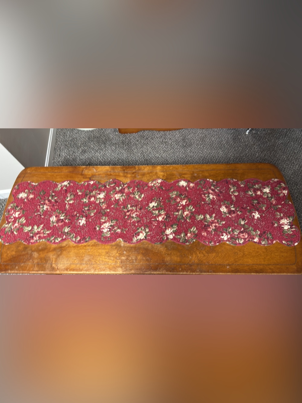 Floral Scalloped Edge Table Runner in Deep Red